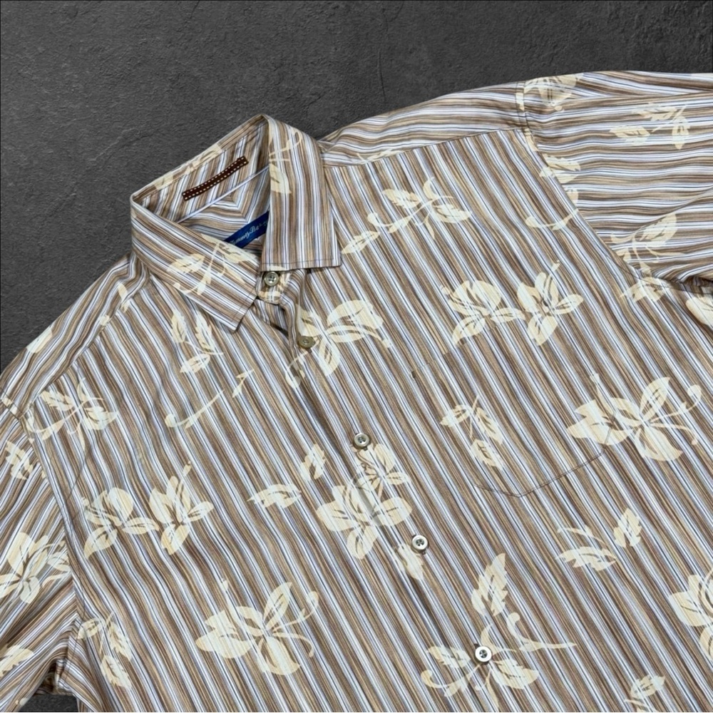 TOMMY BAHAMA Mens Brown Stripe Floral Space Dye Cowboy Silk Blend LS Shirt Large